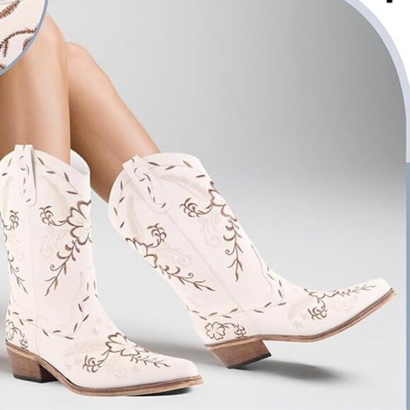 Elegant White Floral Embroidery Mid Heel Boots